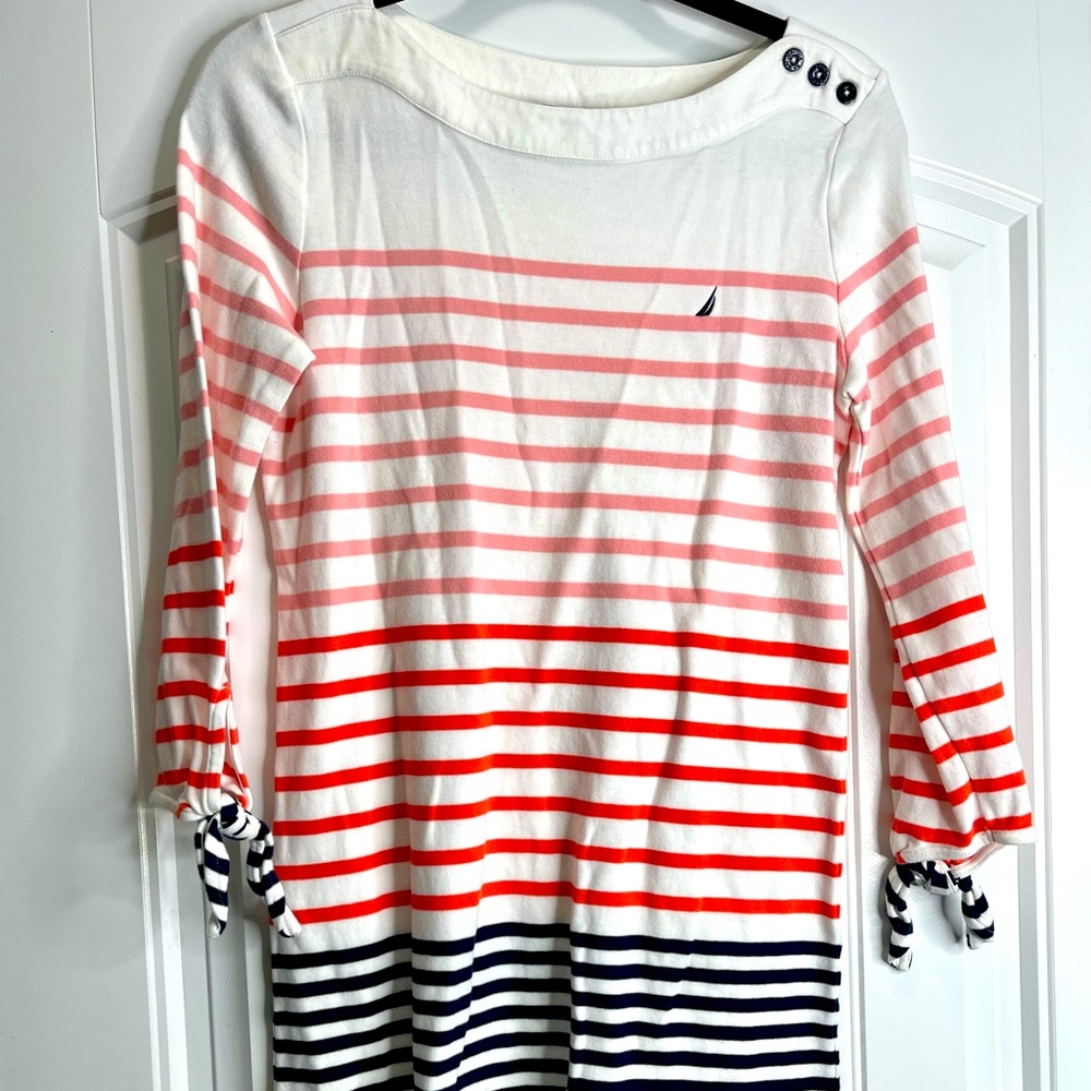 NAUTICA THREE-QUARTER SLEEVE STRIPE KNIT DRESS SIZE MED